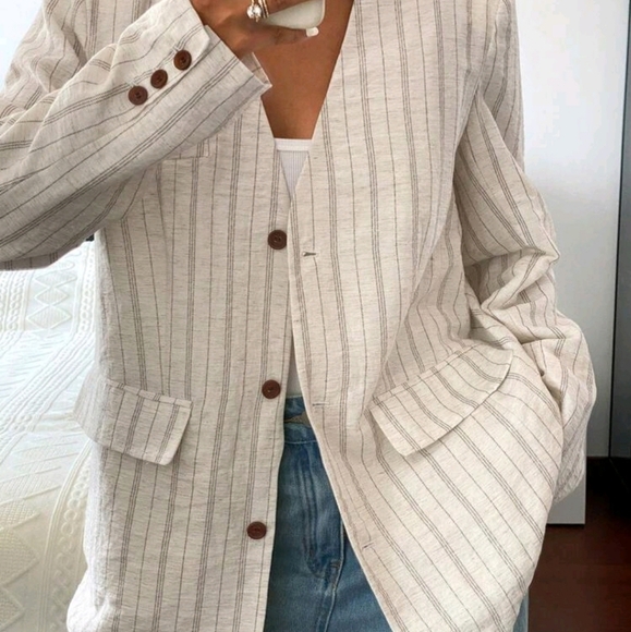Striped Loose Fit V-Neck Lightweight Long Sleeve Women Casual Spring Jacket